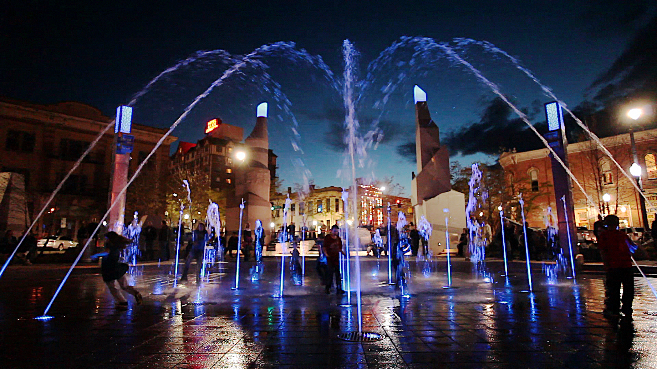 Main Street Square's interactive fountain comes to life after dark. Lights and choreographed water displays create a whimsical place for kids to enjoy.